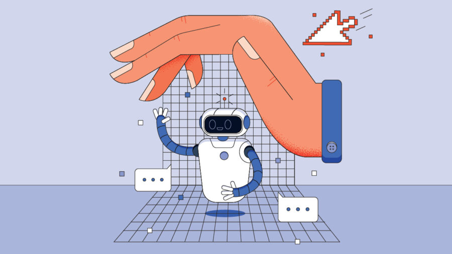 Illustration of a hand covering a robot to illustrate cyber insurance