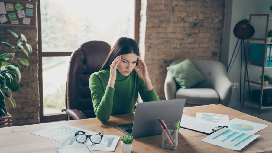 Portrait Of Her She Nice Attractive Tired Exhausted Lady Ceo Boss Chief Executive Director Marketer Sitting In Chair Feeling Bad Touching Temples At Modern Loft Industrial Interior Work Place Station