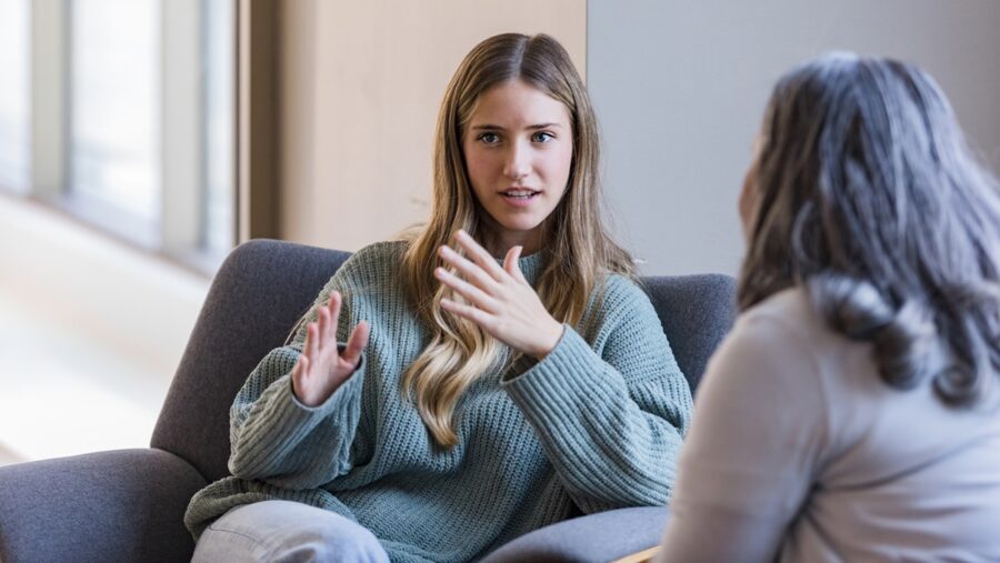 Young Adult University Student Talks With Her Peer